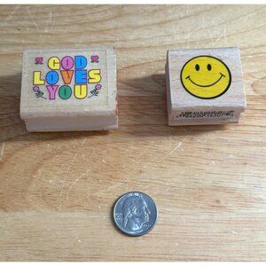 Set of 2 Vintage Wooden Mount Rubber Stamp God Loves You Happy Face Stamp Craft